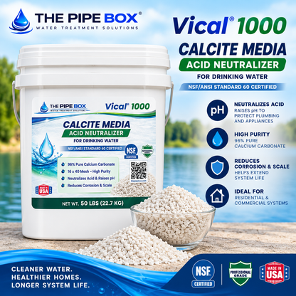 THE PIPE BOX 1000 — VICAL® 1000 Calcite Media | 16×40 Mesh | Calcium Carbonate pH Neutralizer for Well Water Treatment